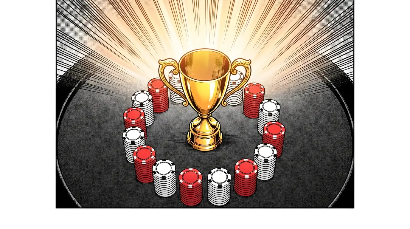Golden trophy with red and white poker chips on dark felt surface