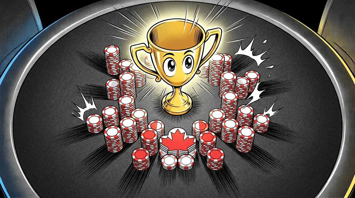 Trophy surrounded by betting chips in Canadian colors overhead view