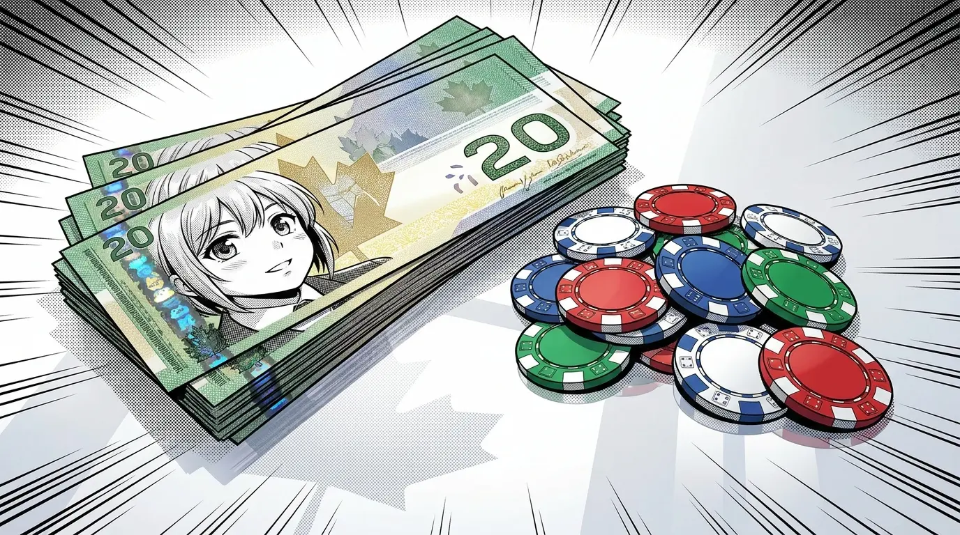 Canadian twenty dollar bills with casino chips on reflective surface
