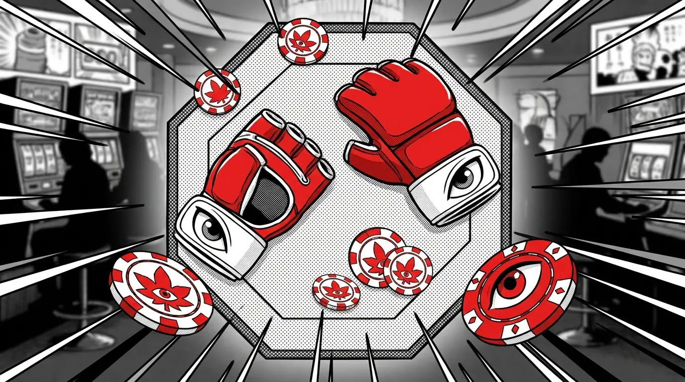 UFC gloves with Canadian-themed casino chips on fighting mat