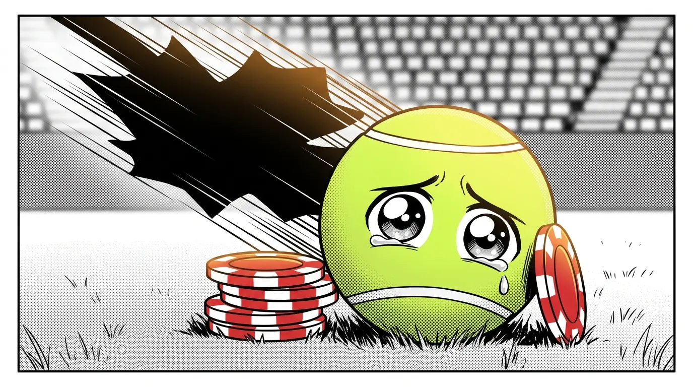 Tennis ball and poker chips with maple leaf shadow on grass court