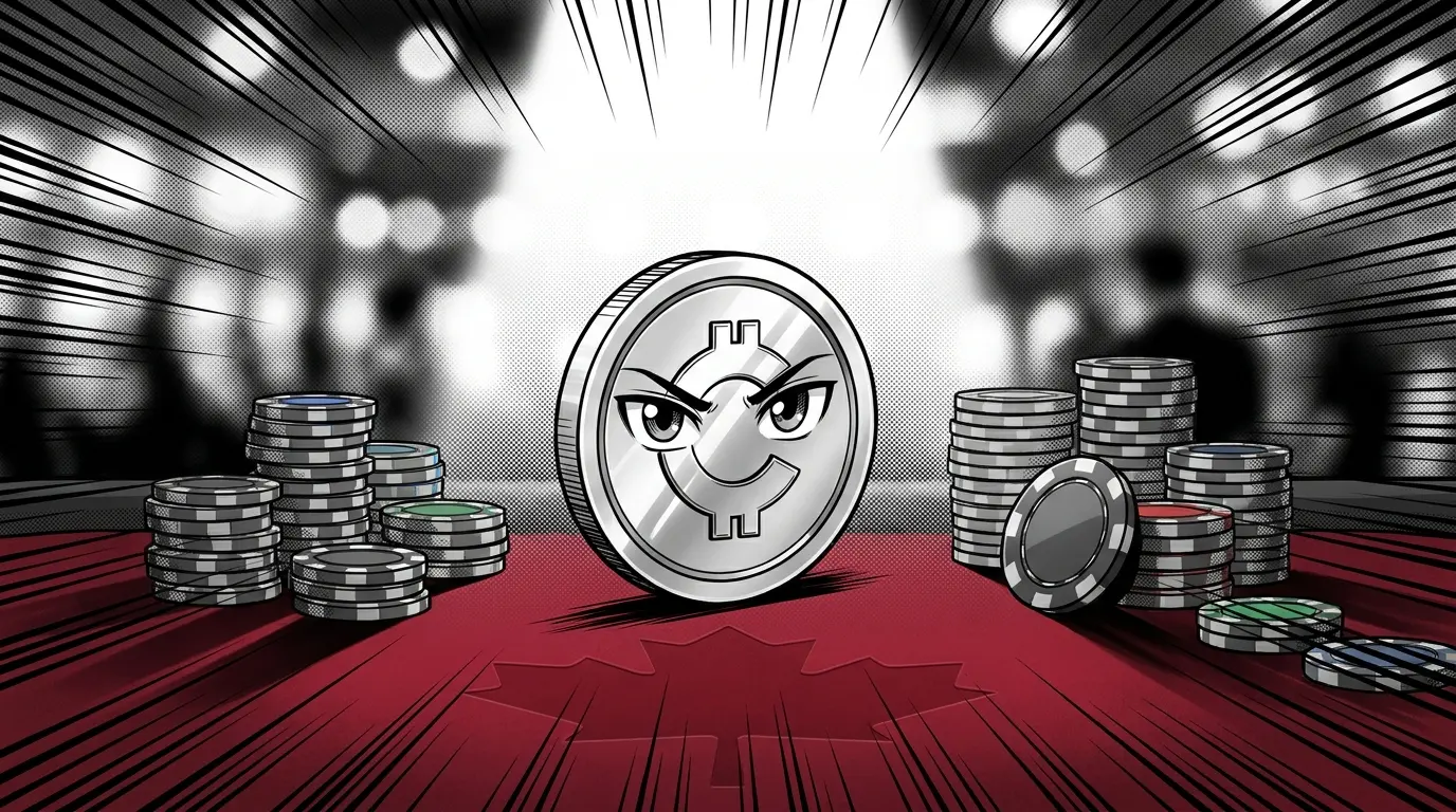 Cryptocurrency coin on red casino felt with poker chips