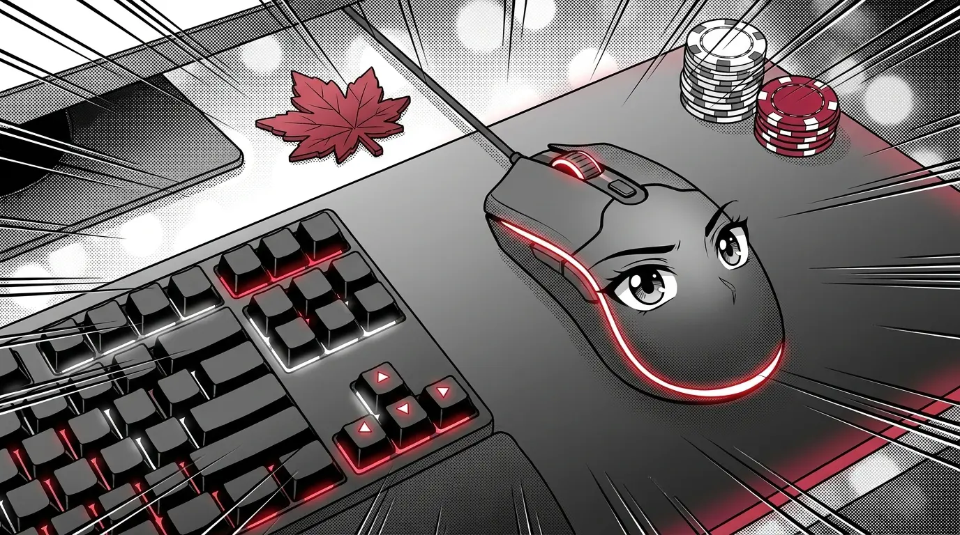 Gaming setup with poker chips and Canadian themed decorations