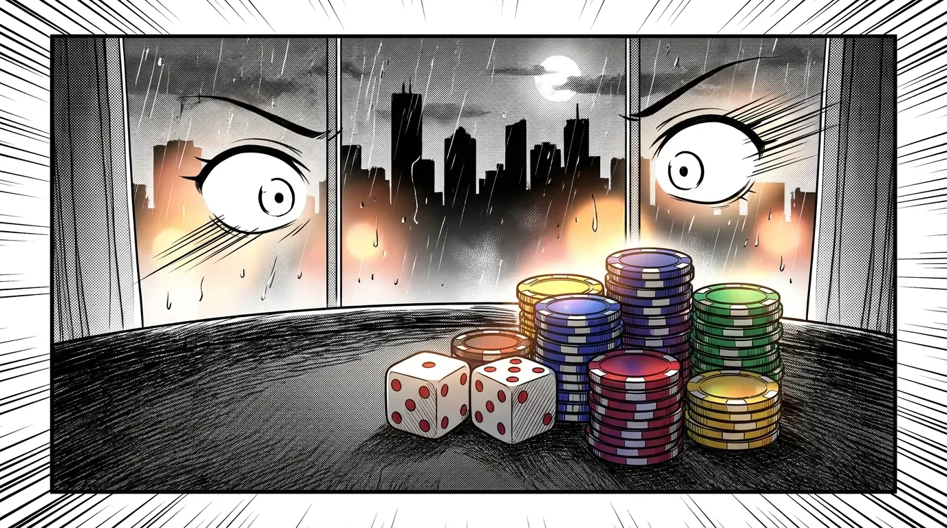 Casino chips and dice with Vancouver skyline in background