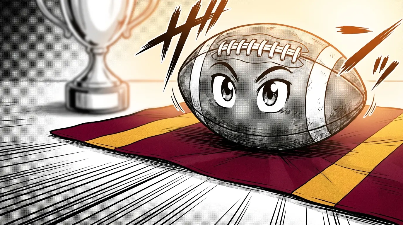 Canadian football and trophy on burgundy and gold surface