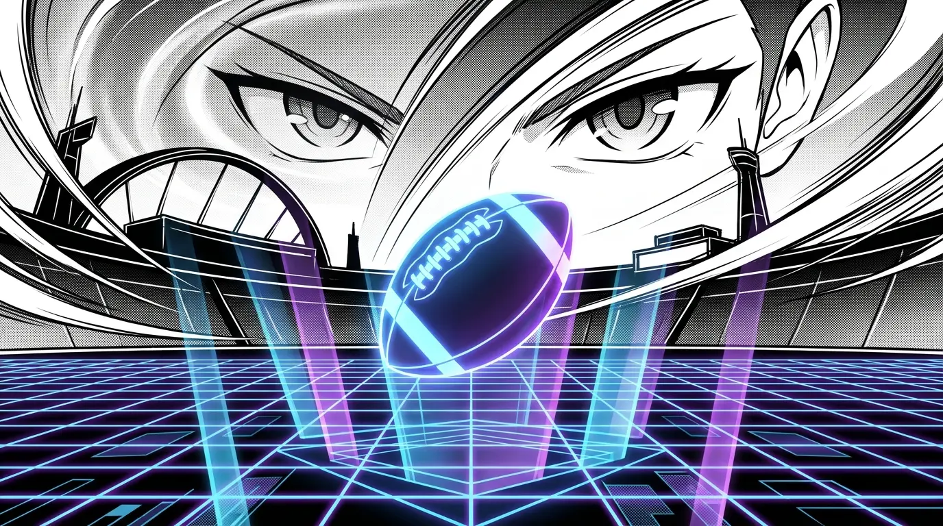 Football floating above digital grid with holographic lighting effects