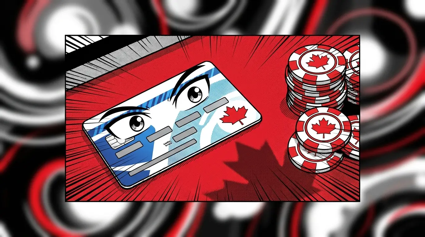 Credit card with poker chips on casino felt in Canadian colors