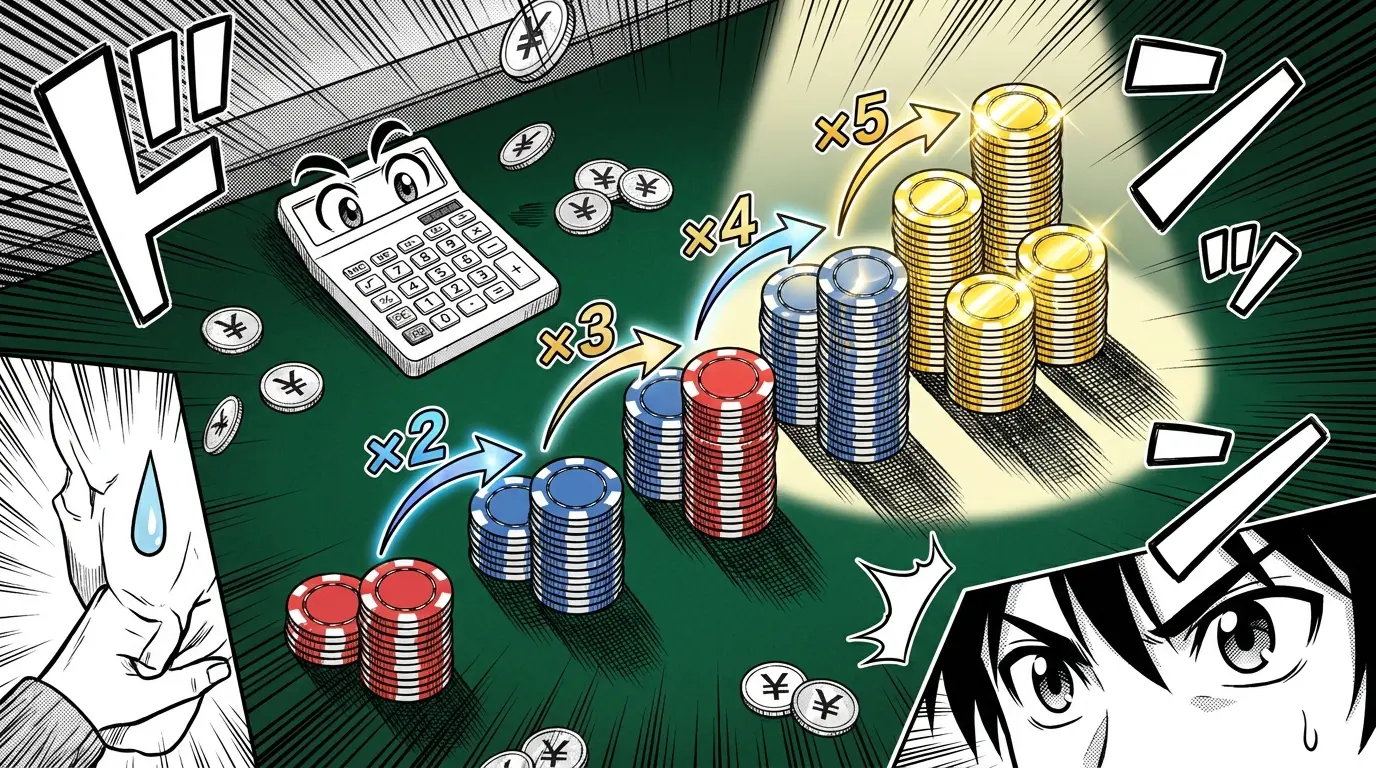 Stacked casino chips with arrows showing wagering requirement multiplication