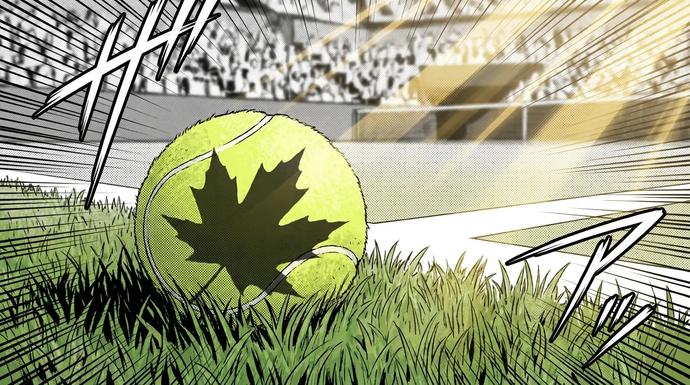 Tennis ball on Wimbledon grass court with Canadian maple leaf shadow