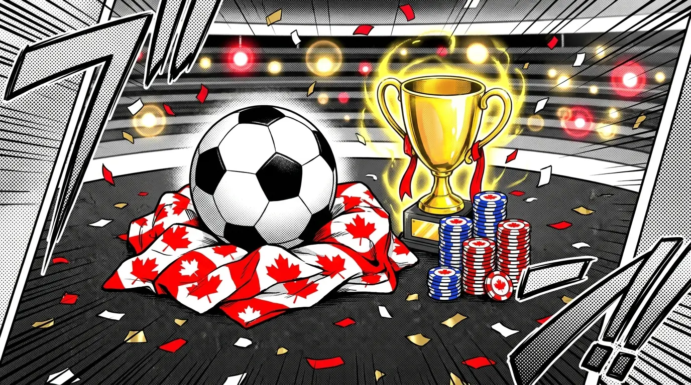 Soccer ball with Canadian maple leaf, trophy and betting chips