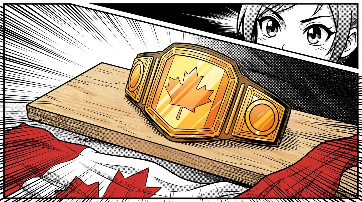 Gold wrestling championship belt with Canadian maple leaf reflection