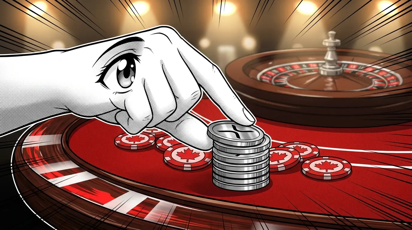 XRP cryptocurrency coins and casino chips on gaming table