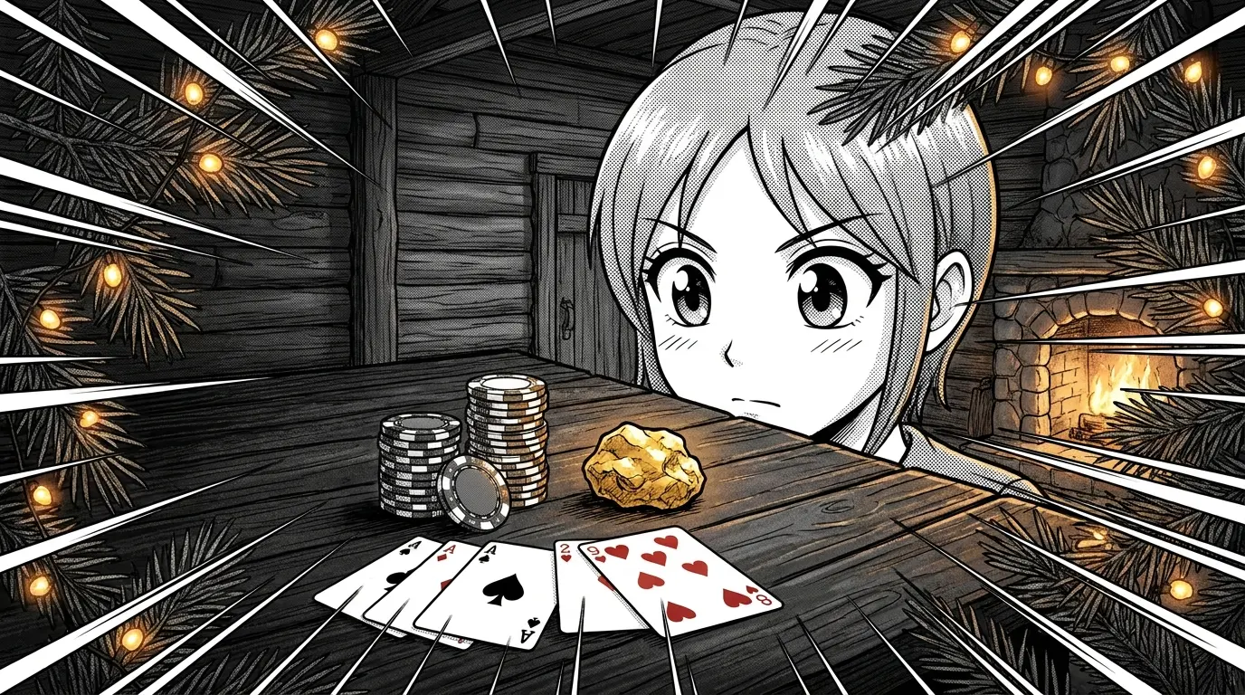 Casino chips and cards with gold nugget and pine branches