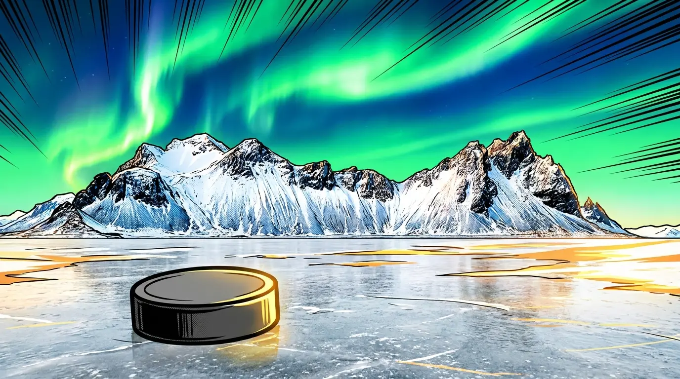 Hockey puck on ice with Yukon mountains and Northern Lights